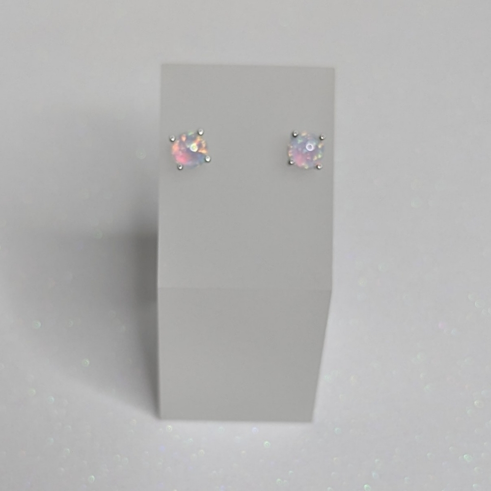 White Fire Opal 6MM Round Stud Earrings - Picture 4 of 6